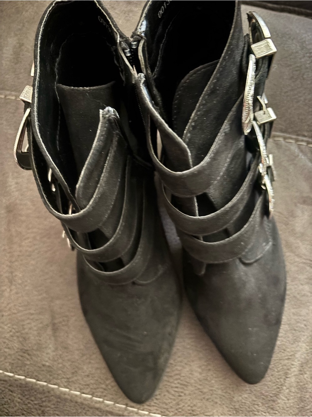 Boots Black Strappy Pointed Ankle Booties with Silver Buckles